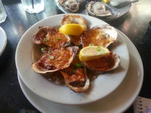 broiled oysters with garlic butter, parmesan cheese, & creole seasoning. Kind of Meh.